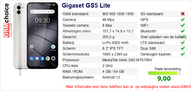 Gigaset GS5 Lite Technische gegevens 