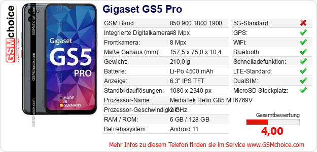 Gigaset GS5 Pro technische Daten Gigaset GS5 Pro technische Daten