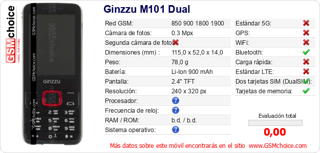 Ginzzu M101 Dual Datos técnicos del móvil 