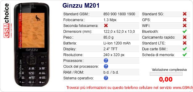 Ginzzu M201 Dati tecnici di telefono cellulare 