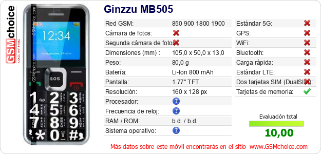 Ginzzu MB505 Datos técnicos del móvil 