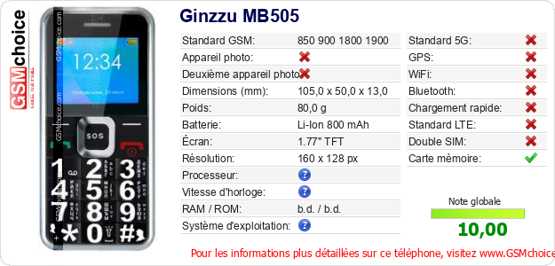Ginzzu MB505 Fiche technique