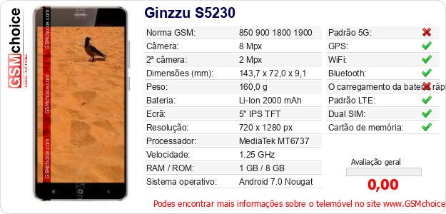 Ginzzu S5230 Especificações técnicas do telemóvel 