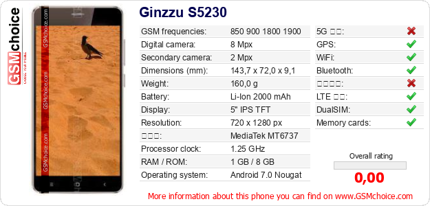 Ginzzu S5230 手機技術數據
