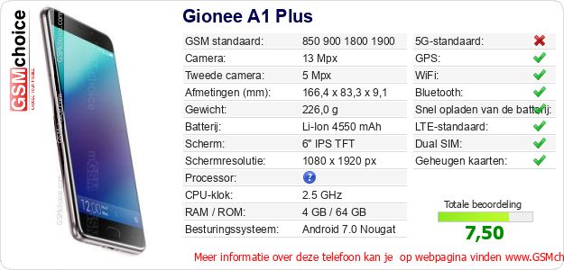 Gionee A1 Plus Technische gegevens Gionee A1 Plus Technische gegevens
