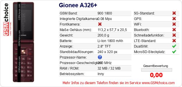 Gionee A326+ technische Daten Gionee A326+ technische Daten