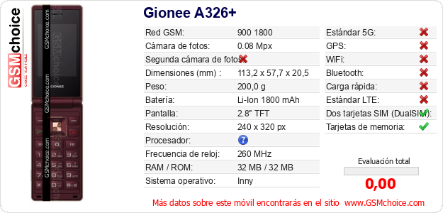 Gionee A326+ Datos técnicos del móvil Gionee A326+ Datos técnicos del móvil