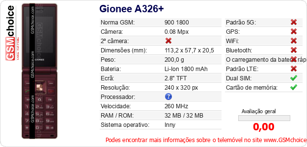 Gionee A326+ Especificações técnicas do telemóvel Gionee A326+ Especificações técnicas do telemóvel