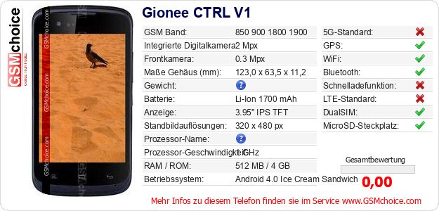 Gionee CTRL V1 technische Daten Gionee CTRL V1 technische Daten