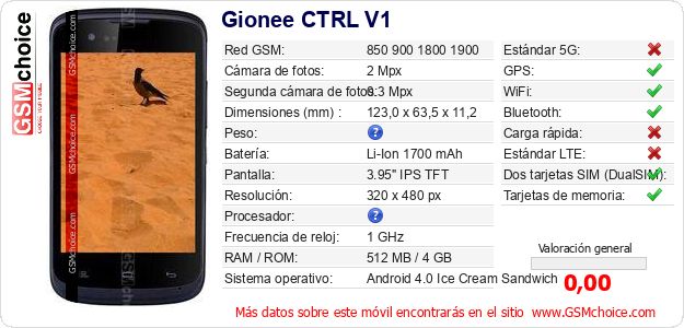 Gionee CTRL V1 Datos técnicos del móvil Gionee CTRL V1 Datos técnicos del móvil