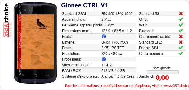 Gionee CTRL V1 Fiche technique