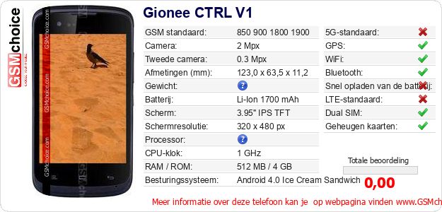 Gionee CTRL V1 Technische gegevens Gionee CTRL V1 Technische gegevens