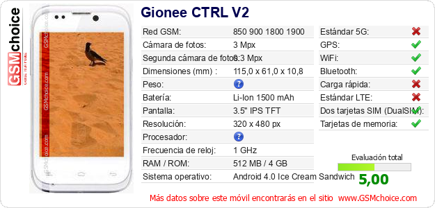 Gionee CTRL V2 Datos técnicos del móvil 