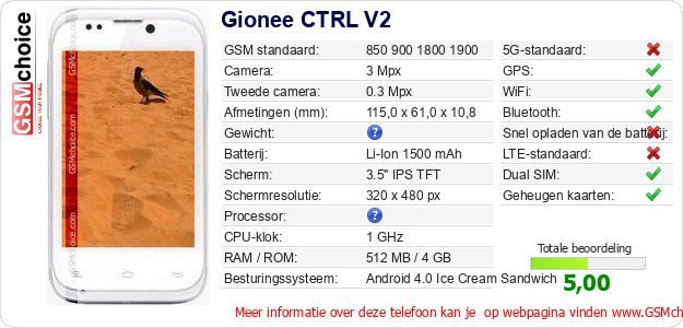 Gionee CTRL V2 Technische gegevens 