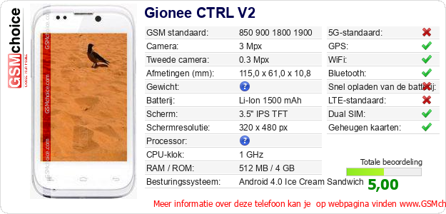 Gionee CTRL V2 Technische gegevens Gionee CTRL V2 Technische gegevens