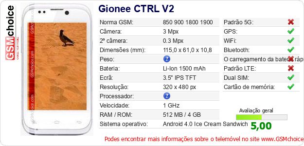 Gionee CTRL V2 Especificações técnicas do telemóvel 