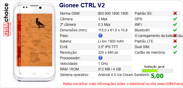Gionee CTRL V2 Especificações técnicas do telemóvel Gionee CTRL V2 Especificações técnicas do telemóvel