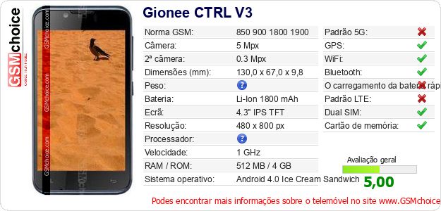 Gionee CTRL V3 Especificações técnicas do telemóvel Gionee CTRL V3 Especificações técnicas do telemóvel