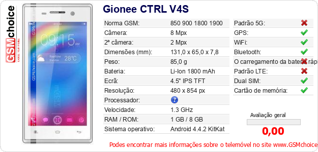 Gionee CTRL V4S Especificações técnicas do telemóvel Gionee CTRL V4S Especificações técnicas do telemóvel