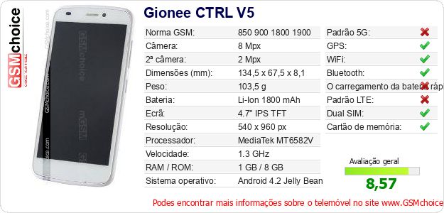Gionee CTRL V5 Especificações técnicas do telemóvel Gionee CTRL V5 Especificações técnicas do telemóvel