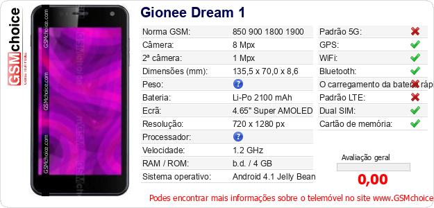 Gionee Dream 1 Especificações técnicas do telemóvel Gionee Dream 1 Especificações técnicas do telemóvel