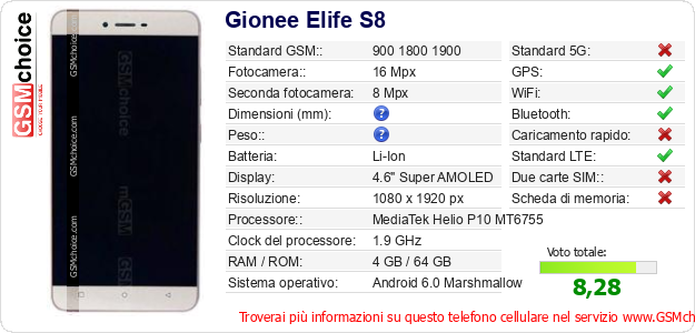 Gionee Elife S8 Dati tecnici di telefono cellulare Gionee Elife S8 Dati tecnici di telefono cellulare