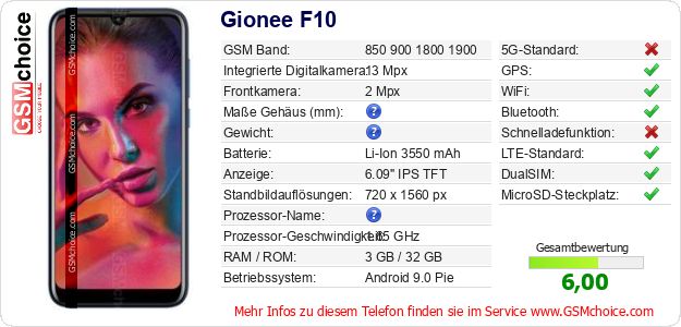 Gionee F10 technische Daten Gionee F10 technische Daten