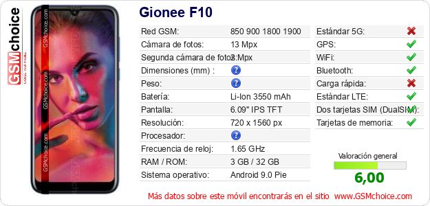 Gionee F10 Datos técnicos del móvil Gionee F10 Datos técnicos del móvil
