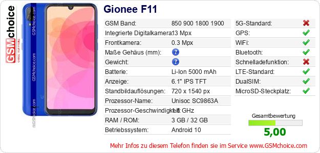 Gionee F11 technische Daten Gionee F11 technische Daten