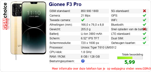 Gionee F3 Pro Technische gegevens Gionee F3 Pro Technische gegevens