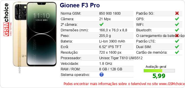 Gionee F3 Pro Especificações técnicas do telemóvel Gionee F3 Pro Especificações técnicas do telemóvel