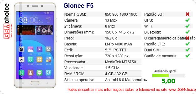 Gionee F5 Especificações técnicas do telemóvel Gionee F5 Especificações técnicas do telemóvel