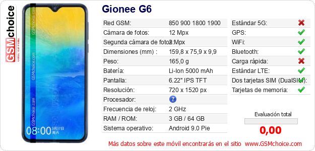 Gionee G6 Datos técnicos del móvil Gionee G6 Datos técnicos del móvil
