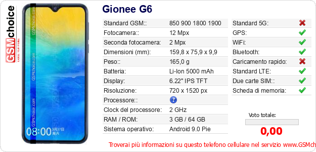 Gionee G6 Dati tecnici di telefono cellulare Gionee G6 Dati tecnici di telefono cellulare