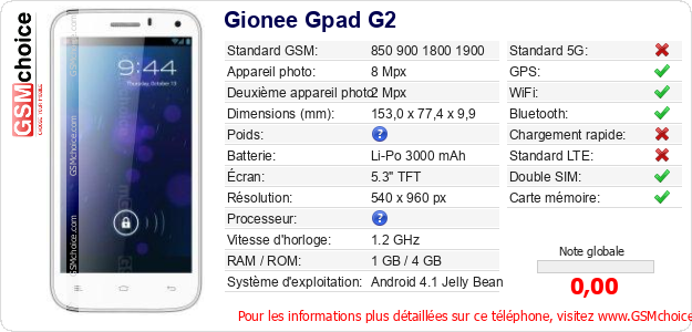 Gionee Gpad G2 Fiche technique