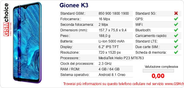Gionee K3 Dati tecnici di telefono cellulare Gionee K3 Dati tecnici di telefono cellulare