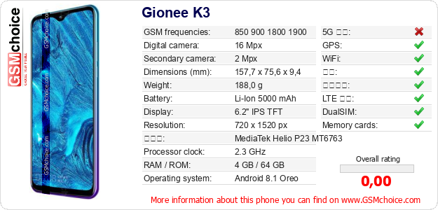 Gionee K3 手机技术数据