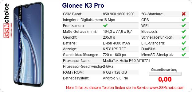 Gionee K3 Pro technische Daten Gionee K3 Pro technische Daten
