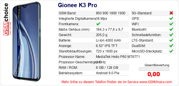 Gionee K3 Pro technische Daten Gionee K3 Pro technische Daten