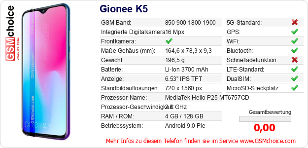 Gionee K5 technische Daten Gionee K5 technische Daten