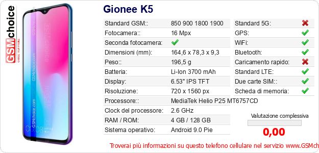 Gionee K5 Dati tecnici di telefono cellulare Gionee K5 Dati tecnici di telefono cellulare