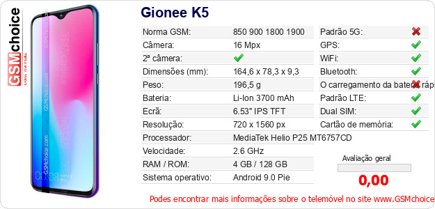 Gionee K5 Especificações técnicas do telemóvel 