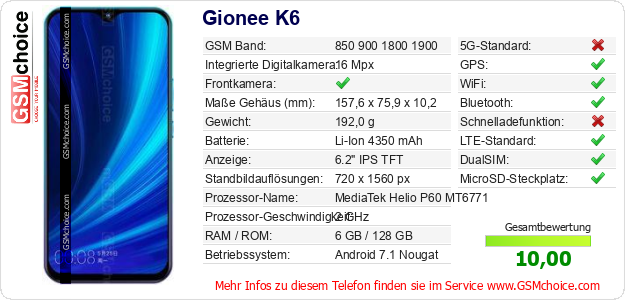 Gionee K6 technische Daten Gionee K6 technische Daten