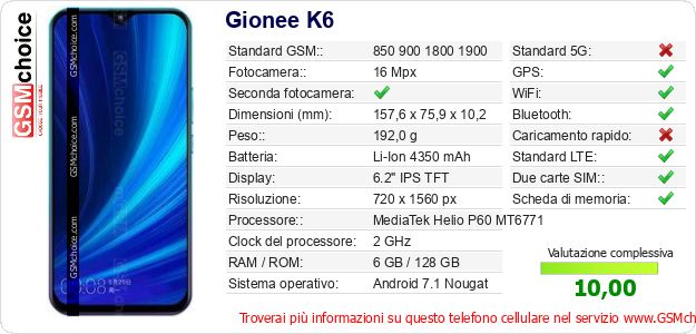 Gionee K6 Dati tecnici di telefono cellulare Gionee K6 Dati tecnici di telefono cellulare