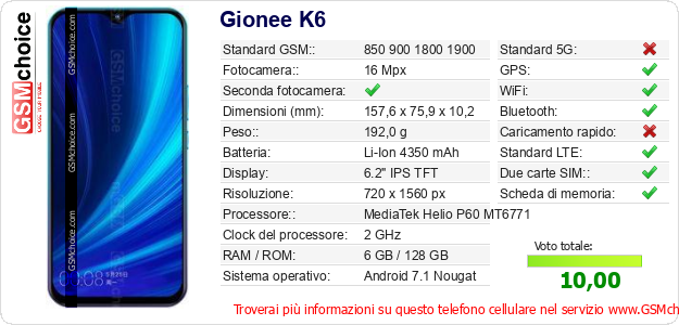 Gionee K6 Dati tecnici di telefono cellulare Gionee K6 Dati tecnici di telefono cellulare