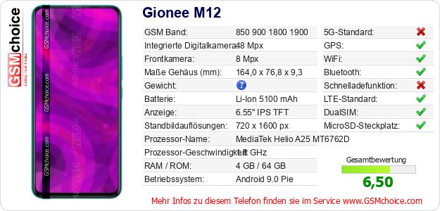 Gionee M12 technische Daten Gionee M12 technische Daten