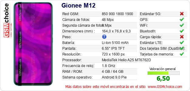 Gionee M12 Datos técnicos del móvil 