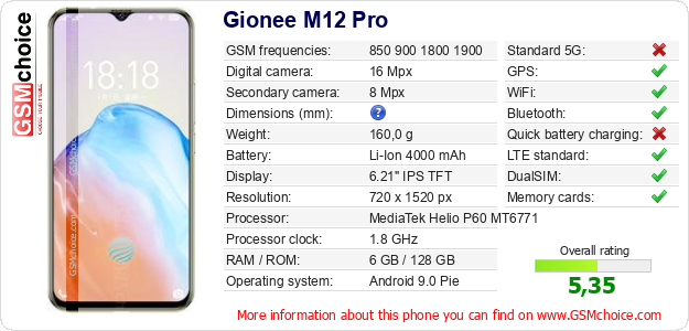 Gionee M12 Pro technical specifications Gionee M12 Pro technical specifications