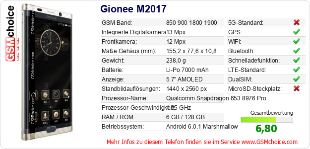 Gionee M2017 technische Daten Gionee M2017 technische Daten