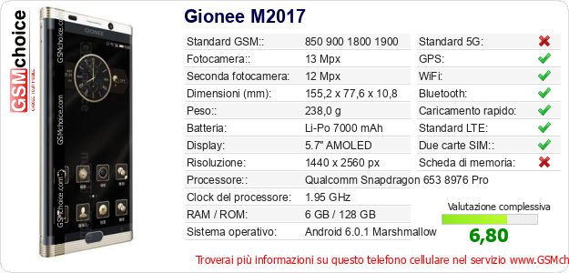 Gionee M2017 Dati tecnici di telefono cellulare Gionee M2017 Dati tecnici di telefono cellulare